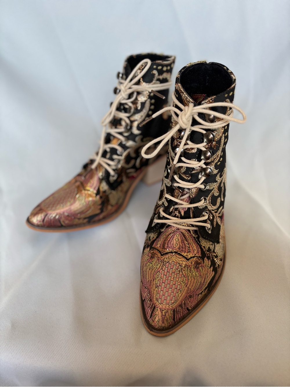 Embroidered Lace-Up Ankle Boots in Black and Pink Gold